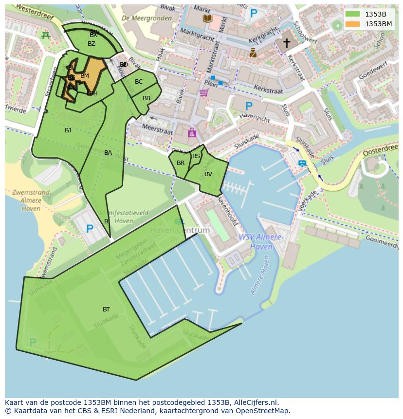 Afbeelding van het postcodegebied 1353 BM op de kaart.