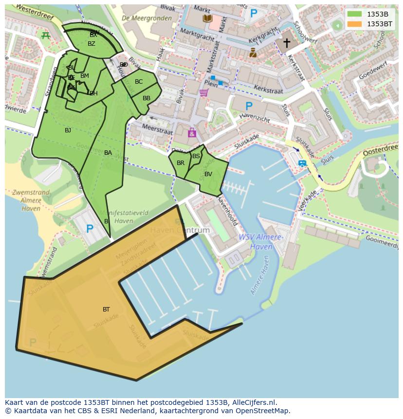Afbeelding van het postcodegebied 1353 BT op de kaart.