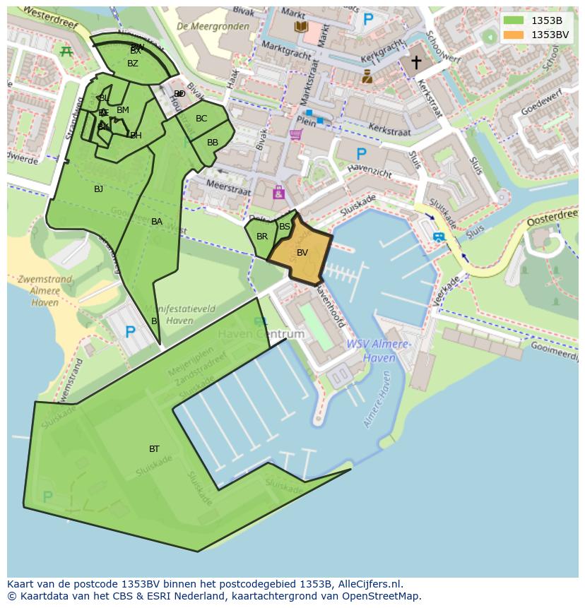 Afbeelding van het postcodegebied 1353 BV op de kaart.