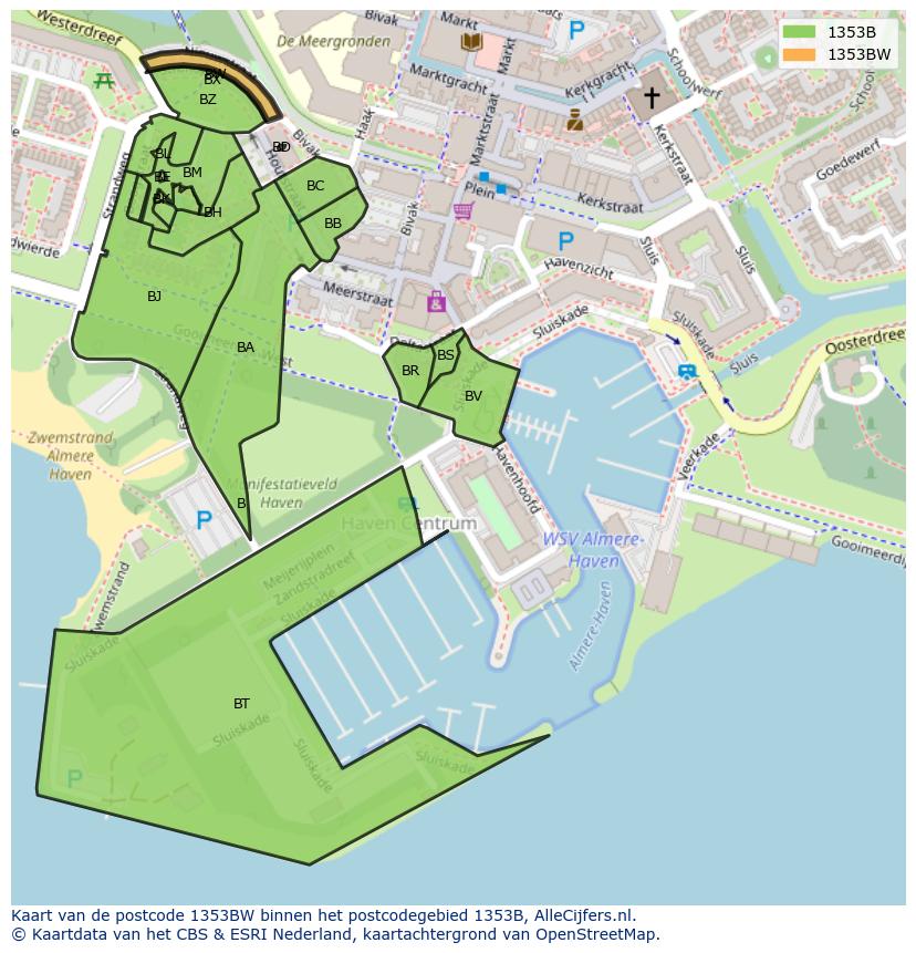 Afbeelding van het postcodegebied 1353 BW op de kaart.