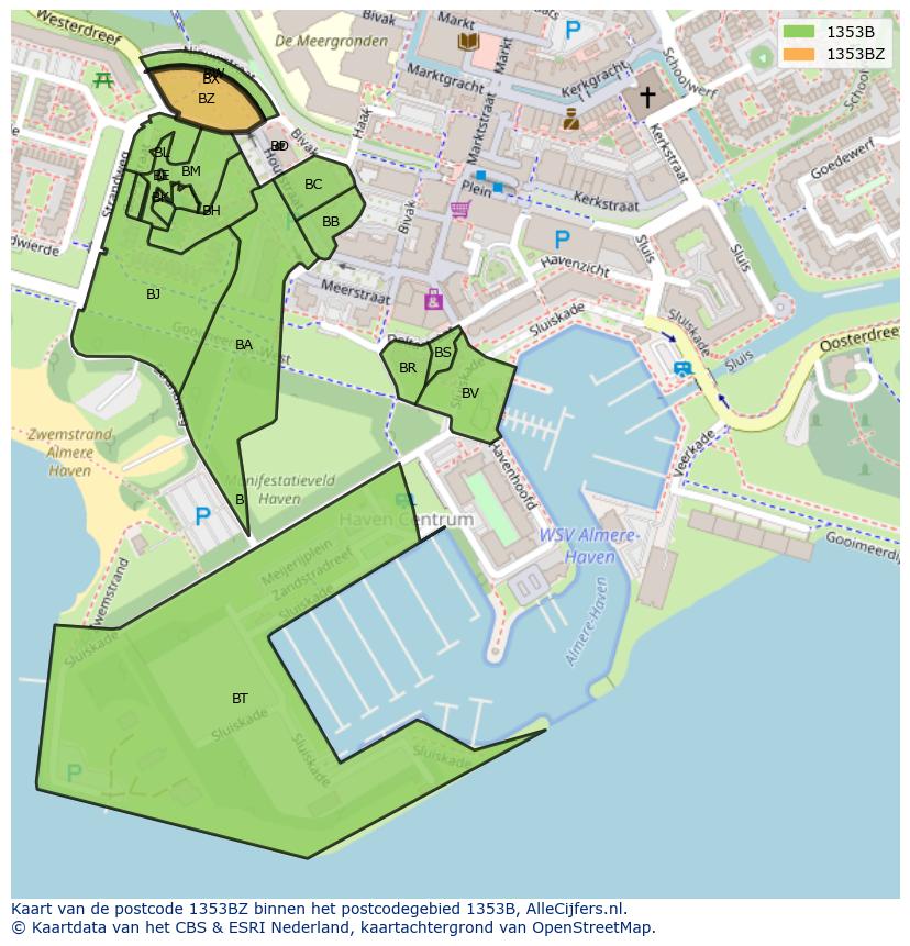 Afbeelding van het postcodegebied 1353 BZ op de kaart.