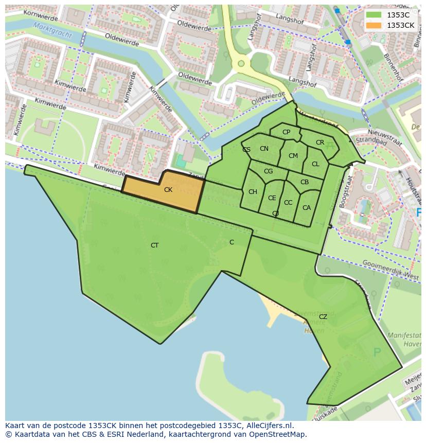 Afbeelding van het postcodegebied 1353 CK op de kaart.