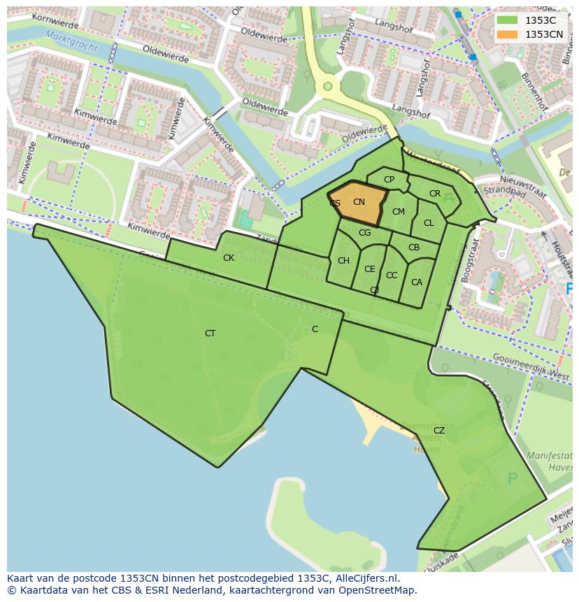 Afbeelding van het postcodegebied 1353 CN op de kaart.