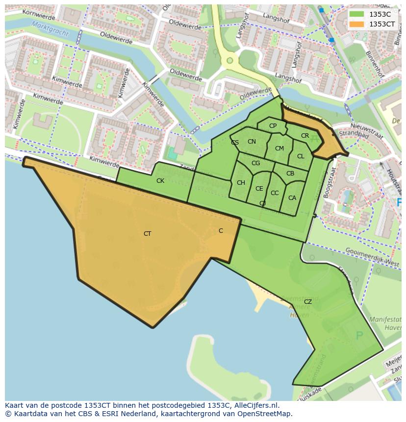Afbeelding van het postcodegebied 1353 CT op de kaart.