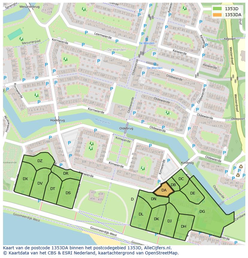Afbeelding van het postcodegebied 1353 DA op de kaart.