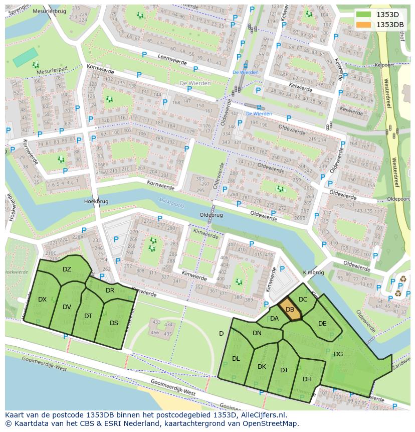 Afbeelding van het postcodegebied 1353 DB op de kaart.