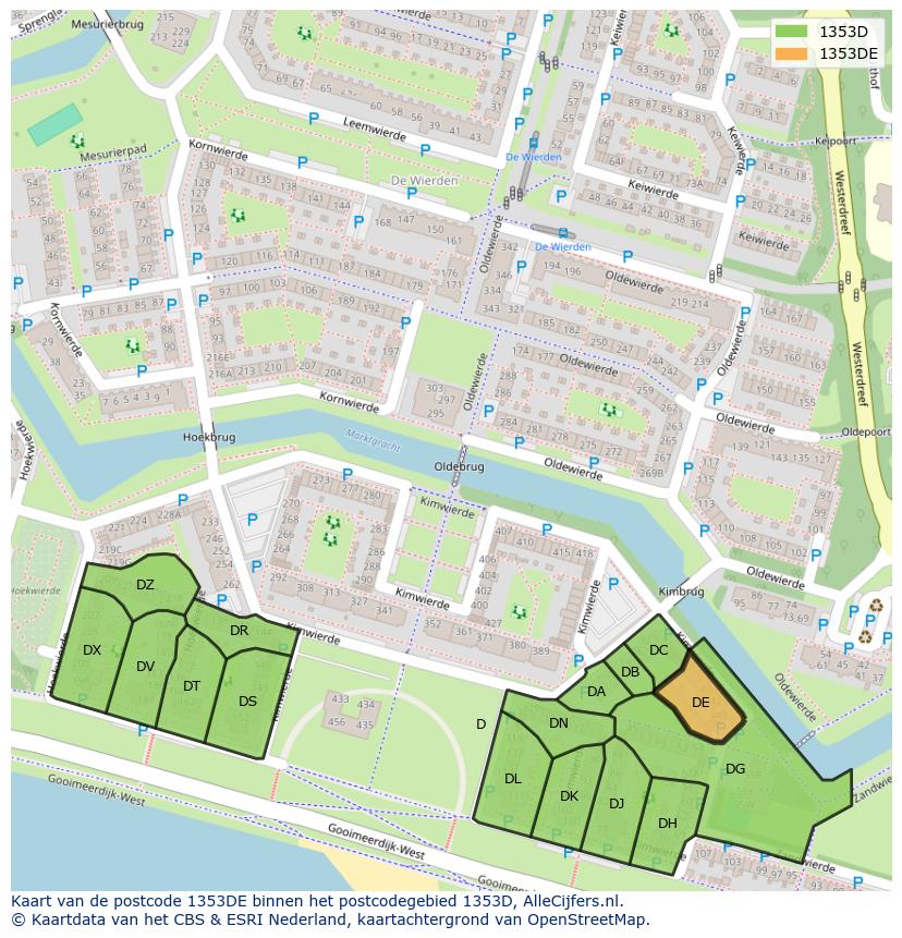Afbeelding van het postcodegebied 1353 DE op de kaart.
