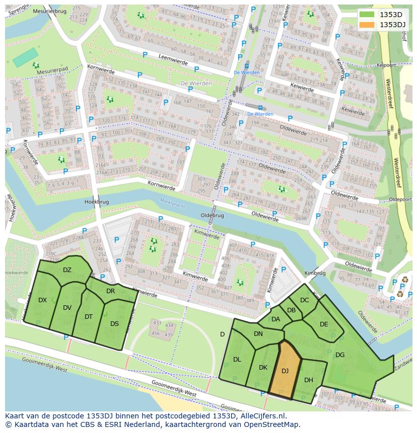 Afbeelding van het postcodegebied 1353 DJ op de kaart.