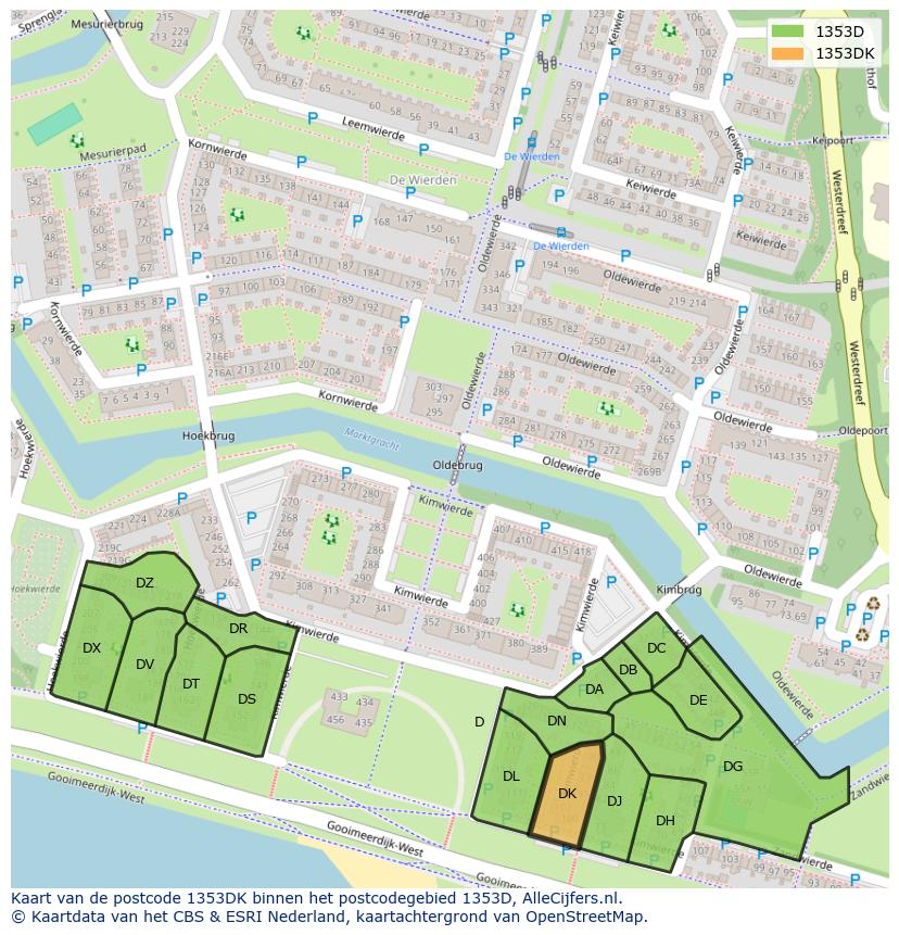 Afbeelding van het postcodegebied 1353 DK op de kaart.