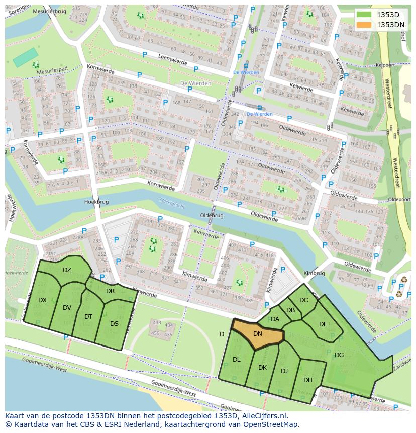 Afbeelding van het postcodegebied 1353 DN op de kaart.
