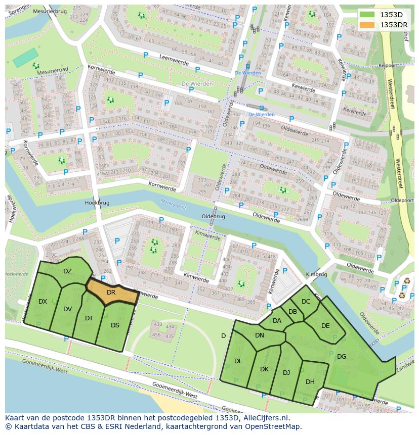 Afbeelding van het postcodegebied 1353 DR op de kaart.