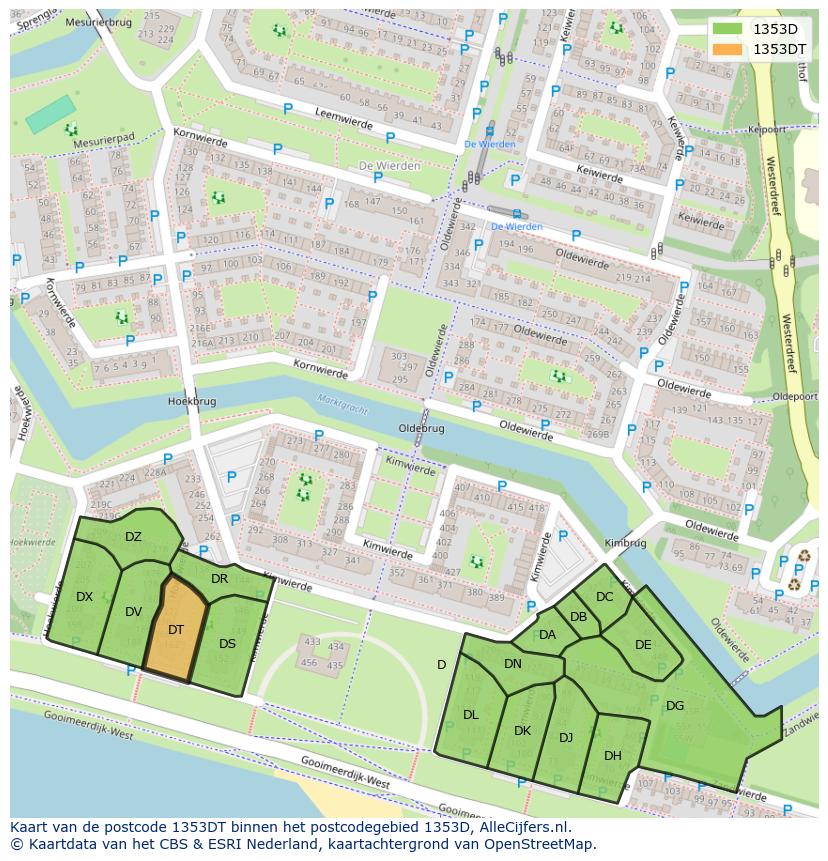 Afbeelding van het postcodegebied 1353 DT op de kaart.