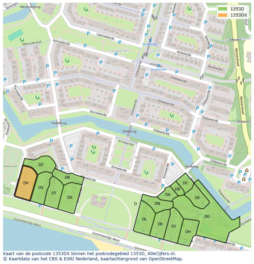 Afbeelding van het postcodegebied 1353 DX op de kaart.