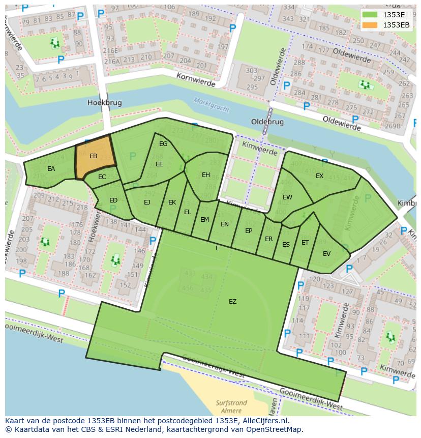 Afbeelding van het postcodegebied 1353 EB op de kaart.