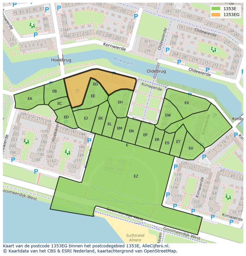 Afbeelding van het postcodegebied 1353 EG op de kaart.