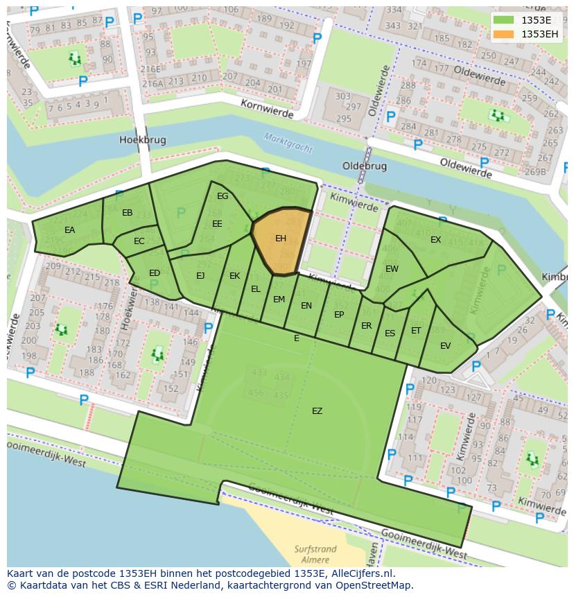 Afbeelding van het postcodegebied 1353 EH op de kaart.