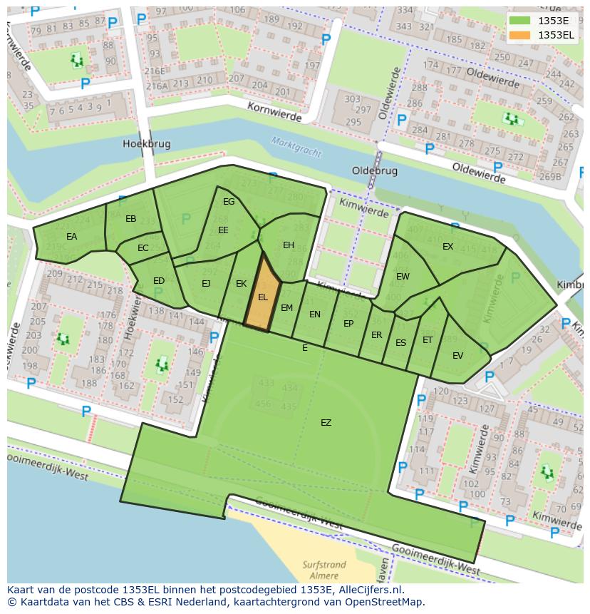 Afbeelding van het postcodegebied 1353 EL op de kaart.
