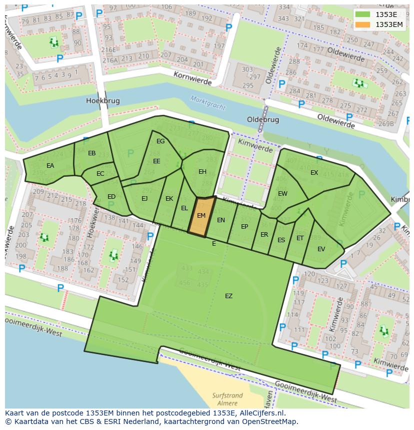 Afbeelding van het postcodegebied 1353 EM op de kaart.