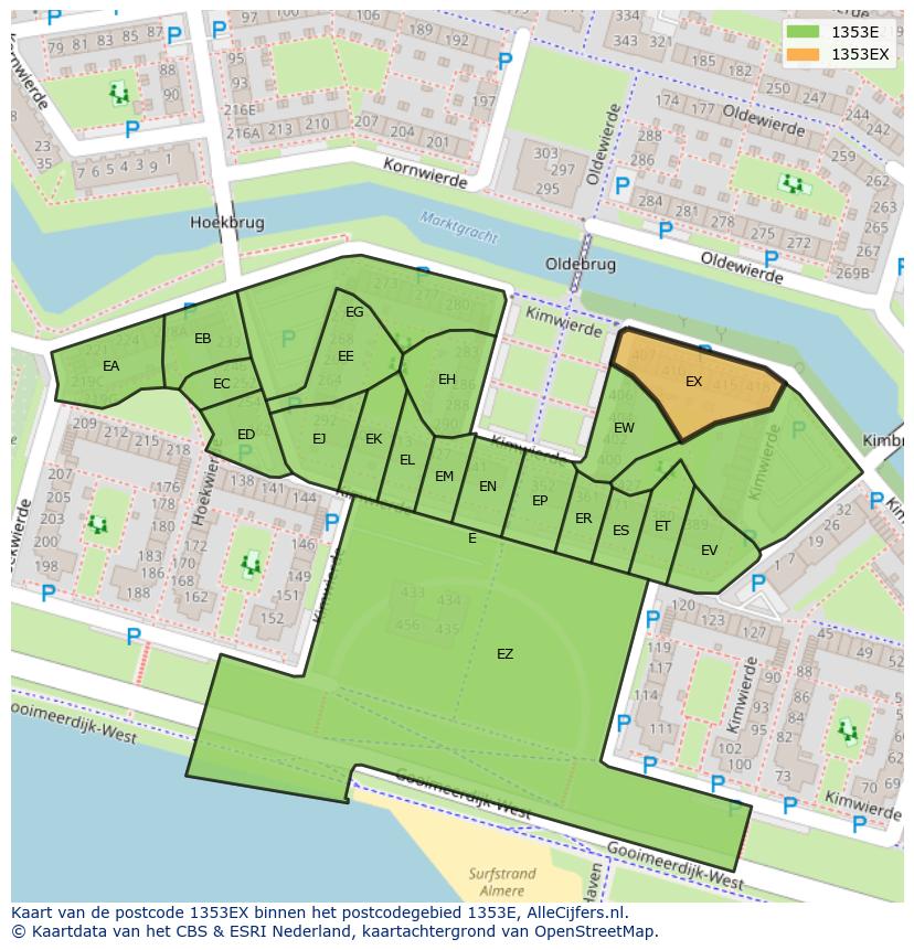 Afbeelding van het postcodegebied 1353 EX op de kaart.