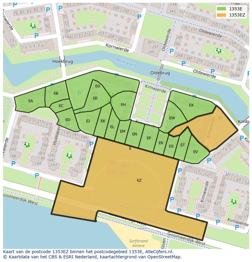 Afbeelding van het postcodegebied 1353 EZ op de kaart.