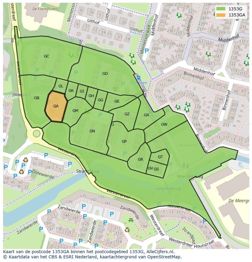 Afbeelding van het postcodegebied 1353 GA op de kaart.