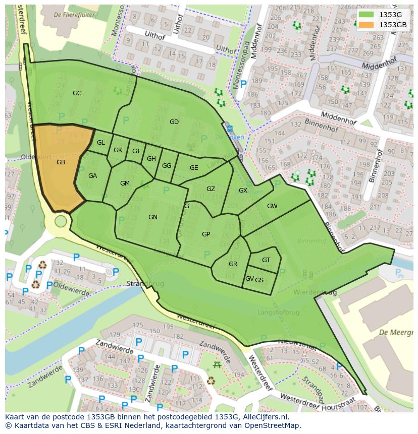 Afbeelding van het postcodegebied 1353 GB op de kaart.