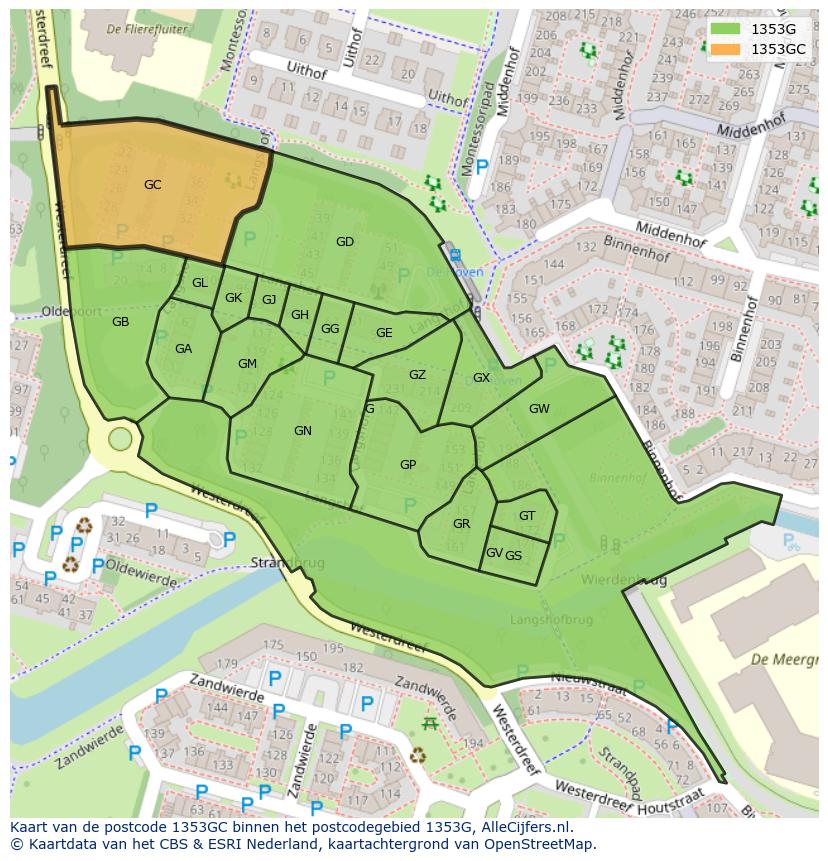 Afbeelding van het postcodegebied 1353 GC op de kaart.