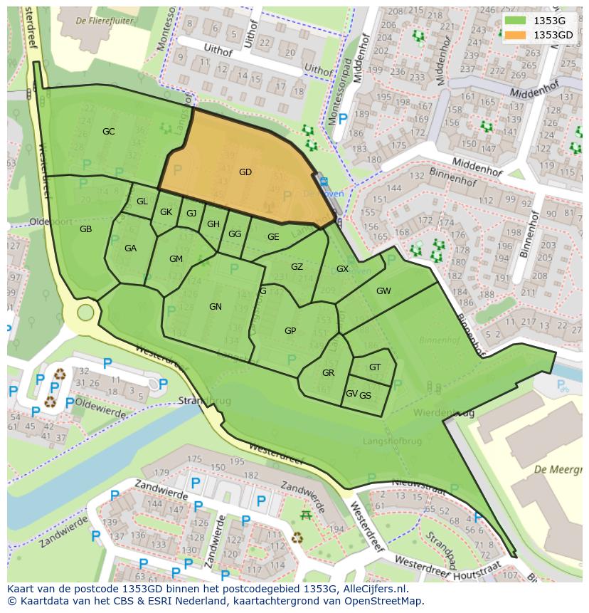 Afbeelding van het postcodegebied 1353 GD op de kaart.