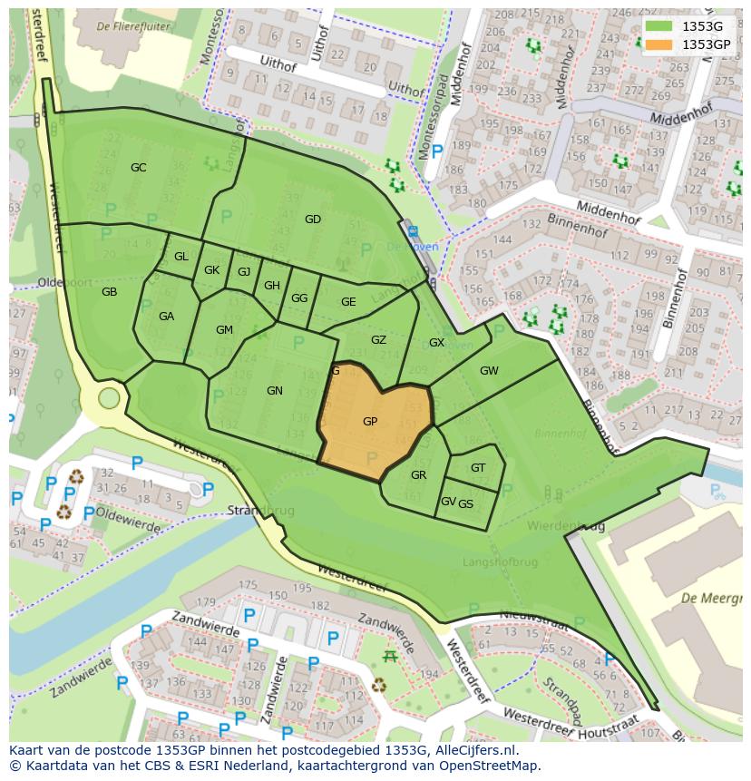 Afbeelding van het postcodegebied 1353 GP op de kaart.