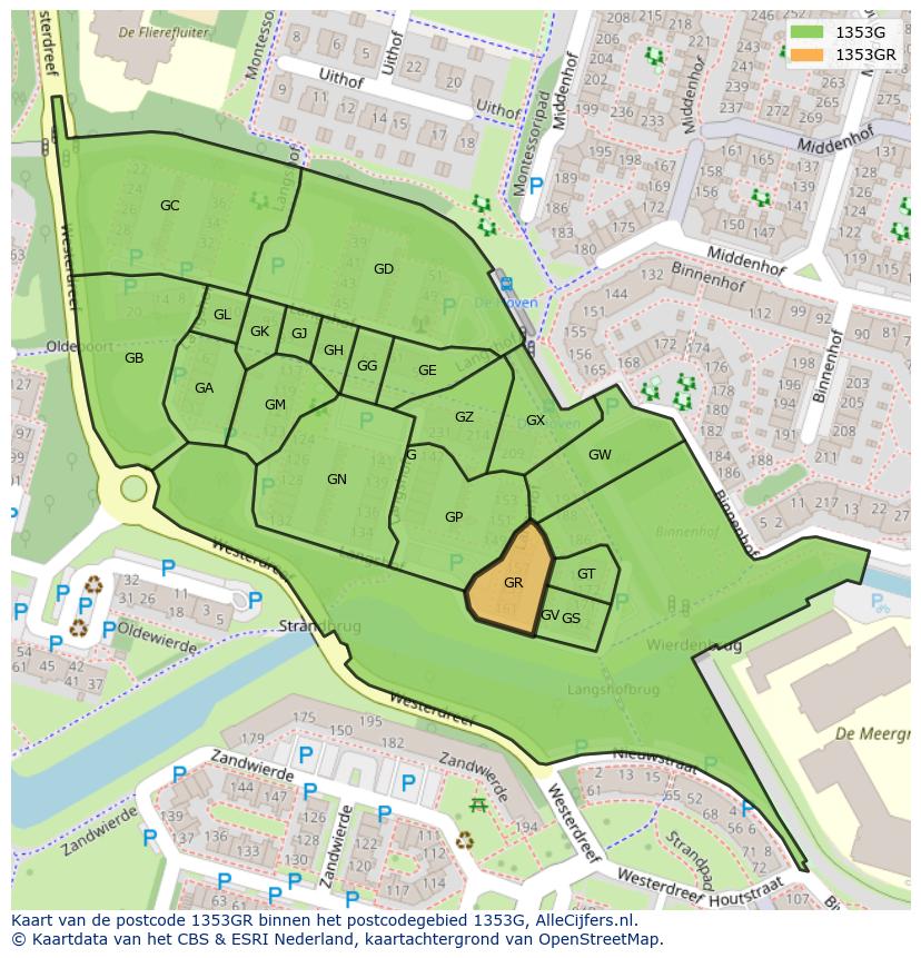 Afbeelding van het postcodegebied 1353 GR op de kaart.