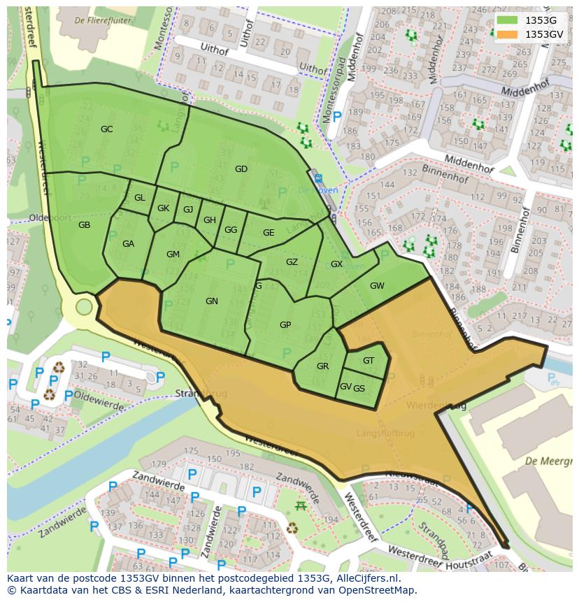 Afbeelding van het postcodegebied 1353 GV op de kaart.