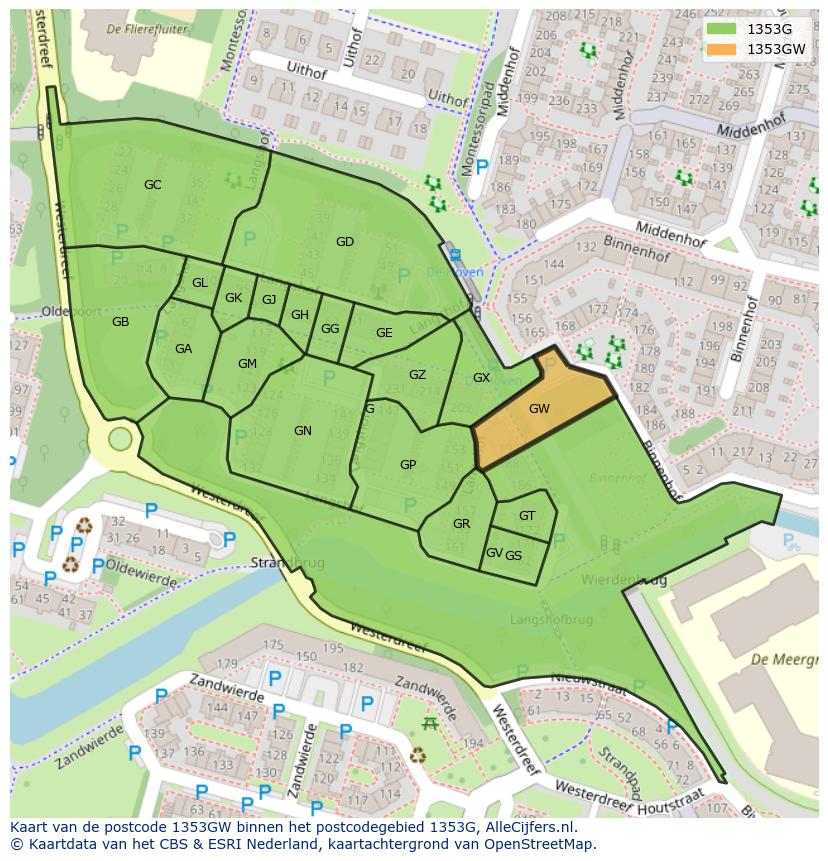 Afbeelding van het postcodegebied 1353 GW op de kaart.