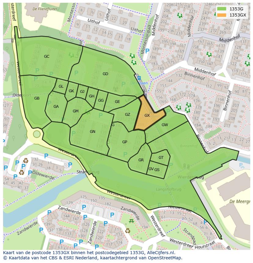Afbeelding van het postcodegebied 1353 GX op de kaart.