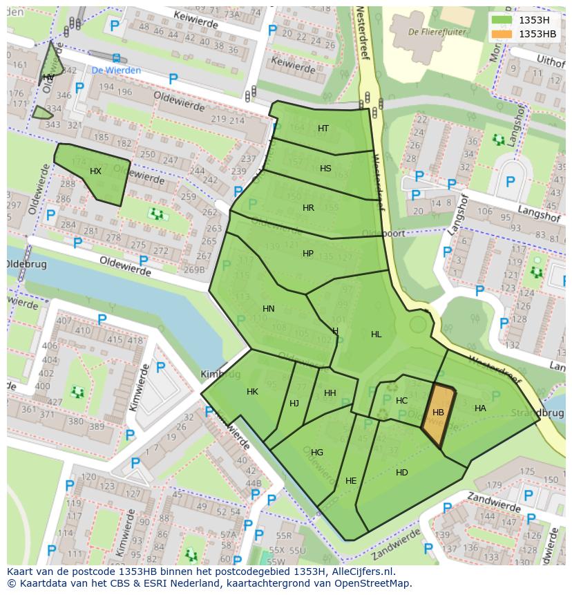 Afbeelding van het postcodegebied 1353 HB op de kaart.