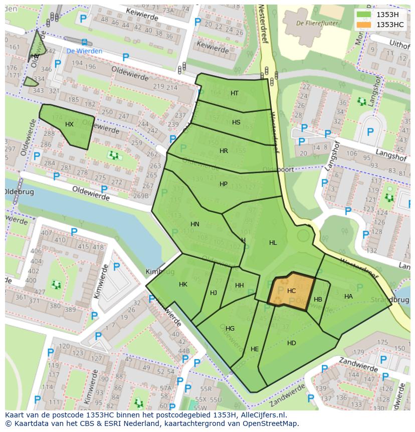Afbeelding van het postcodegebied 1353 HC op de kaart.