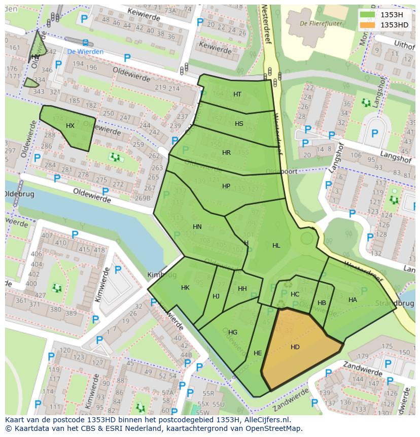 Afbeelding van het postcodegebied 1353 HD op de kaart.