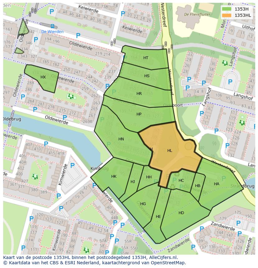Afbeelding van het postcodegebied 1353 HL op de kaart.