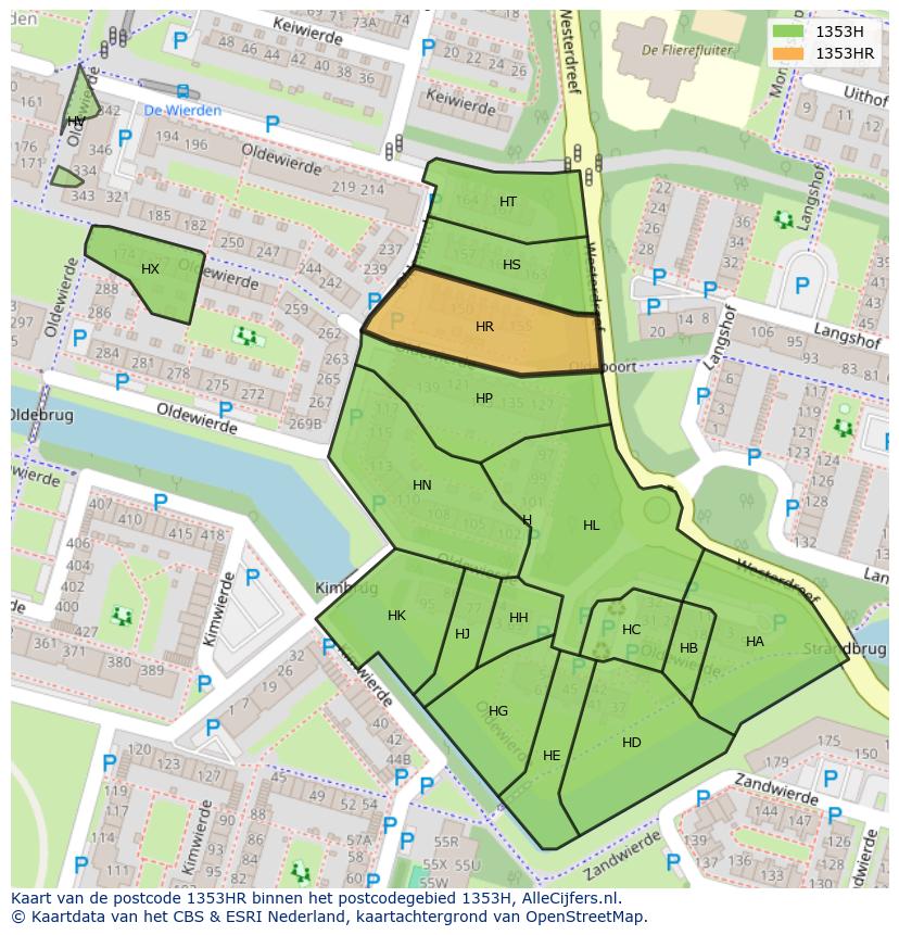 Afbeelding van het postcodegebied 1353 HR op de kaart.
