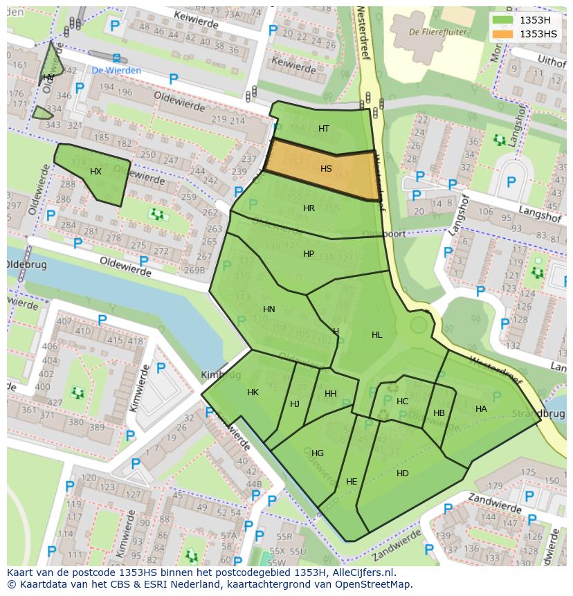 Afbeelding van het postcodegebied 1353 HS op de kaart.
