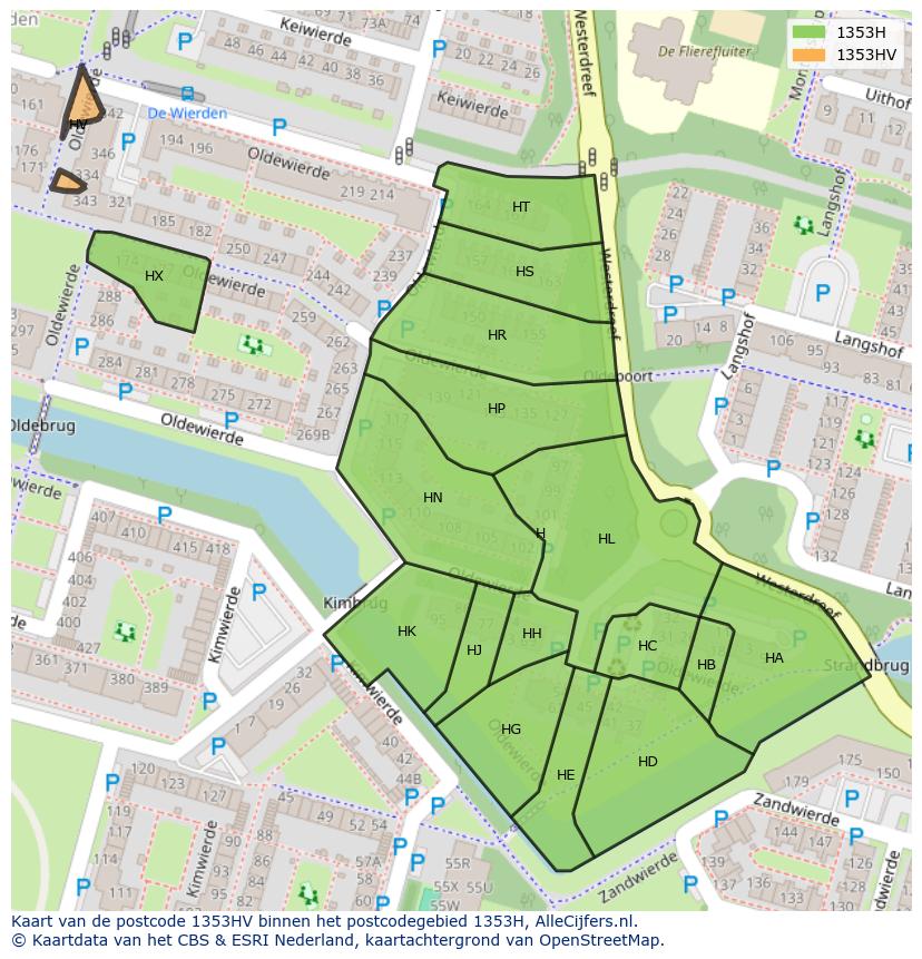 Afbeelding van het postcodegebied 1353 HV op de kaart.
