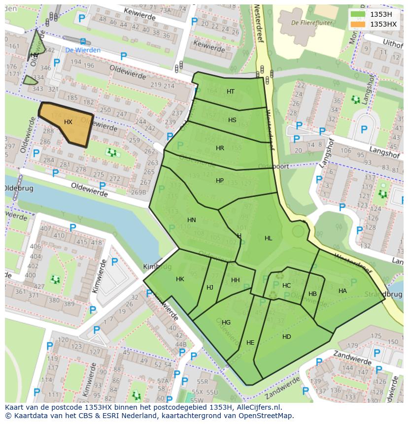 Afbeelding van het postcodegebied 1353 HX op de kaart.