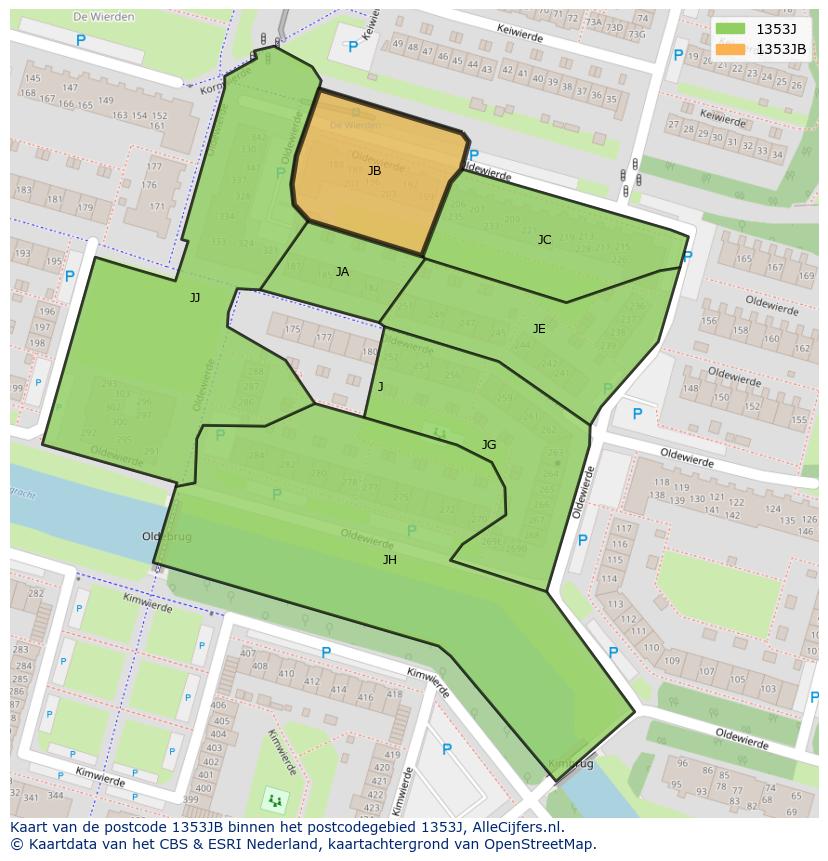 Afbeelding van het postcodegebied 1353 JB op de kaart.