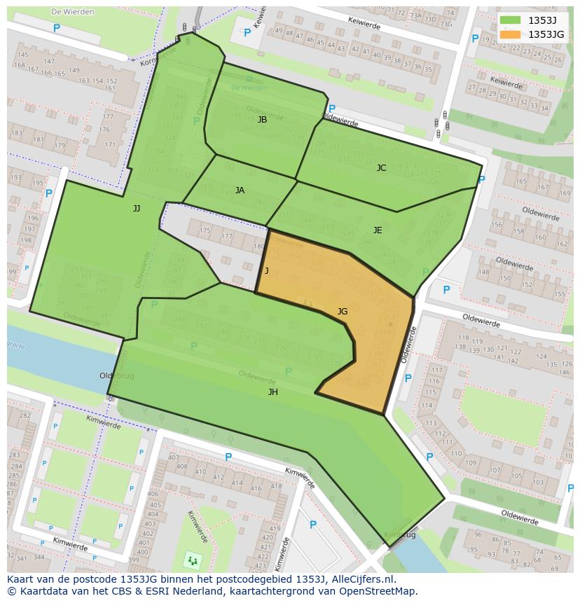 Afbeelding van het postcodegebied 1353 JG op de kaart.