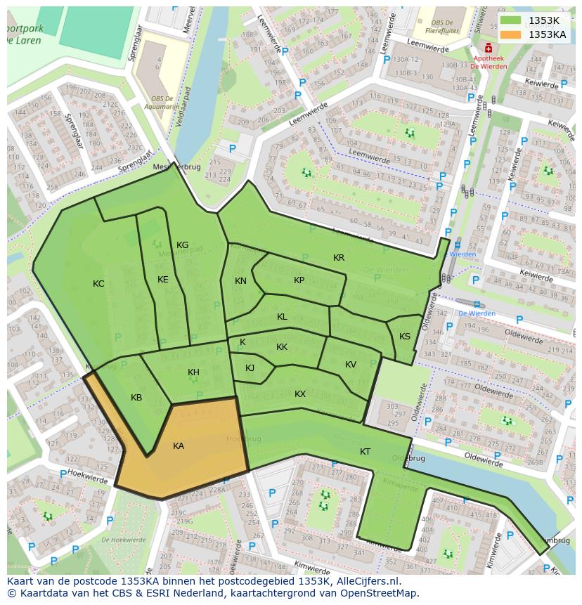 Afbeelding van het postcodegebied 1353 KA op de kaart.