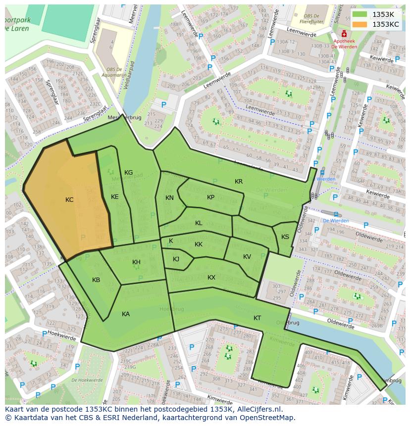 Afbeelding van het postcodegebied 1353 KC op de kaart.