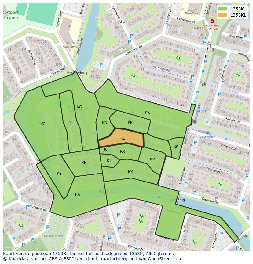 Afbeelding van het postcodegebied 1353 KL op de kaart.
