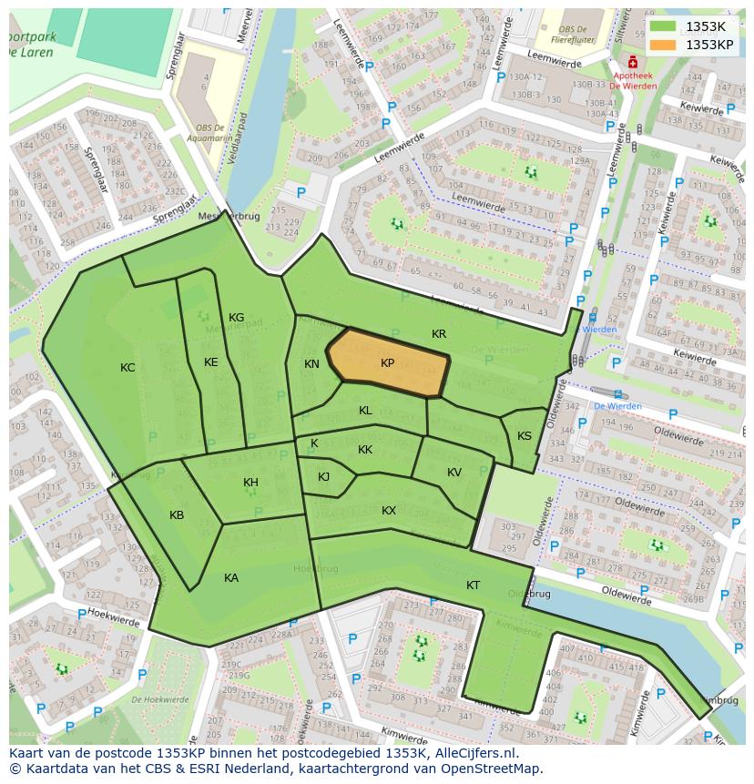 Afbeelding van het postcodegebied 1353 KP op de kaart.