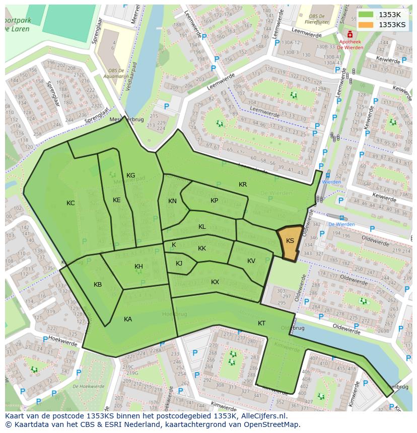 Afbeelding van het postcodegebied 1353 KS op de kaart.