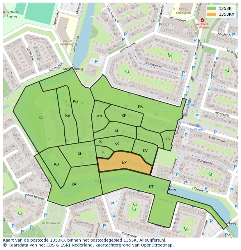 Afbeelding van het postcodegebied 1353 KX op de kaart.