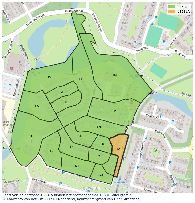 Afbeelding van het postcodegebied 1353 LA op de kaart.